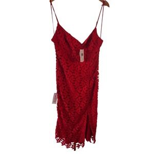 Bardot‎ Red Lace Midi Dress Spaghetti Strap Ruched Slit Size 10 NWT